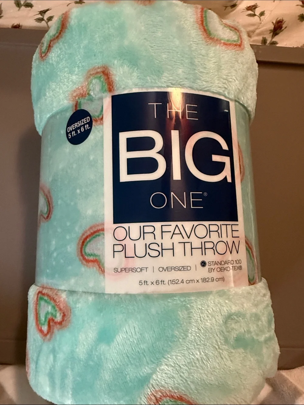 The Big One Plush Throw - Mint with Coral & White Hearts